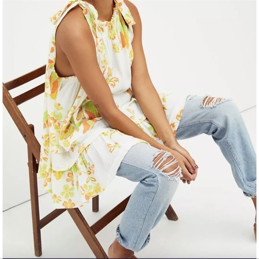 Free People retro flower tunic/short dress with adjustable tie‎ straps & ruffles